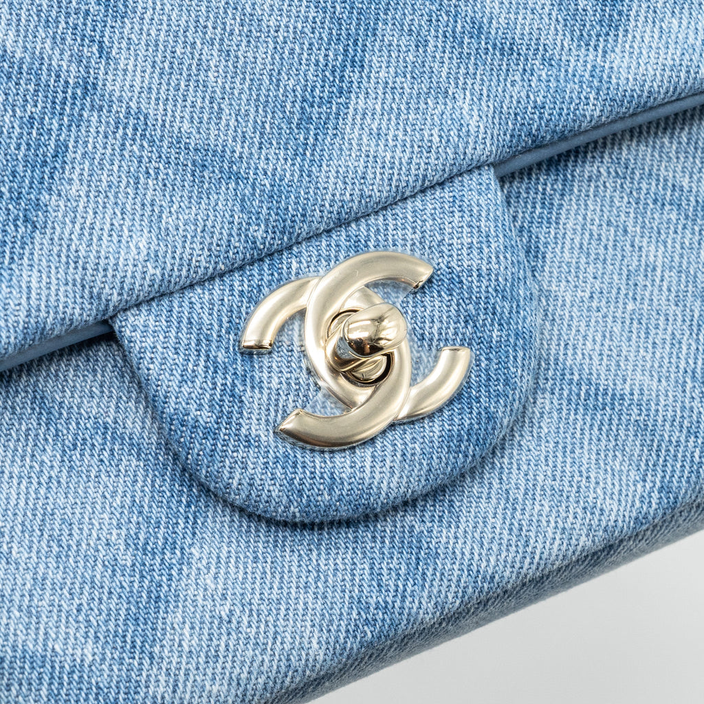 CHANEL 22B MINI RECTANGULAR FLAP BAG DENIM LIGHT BLUE LGHW (MICROCHIP)