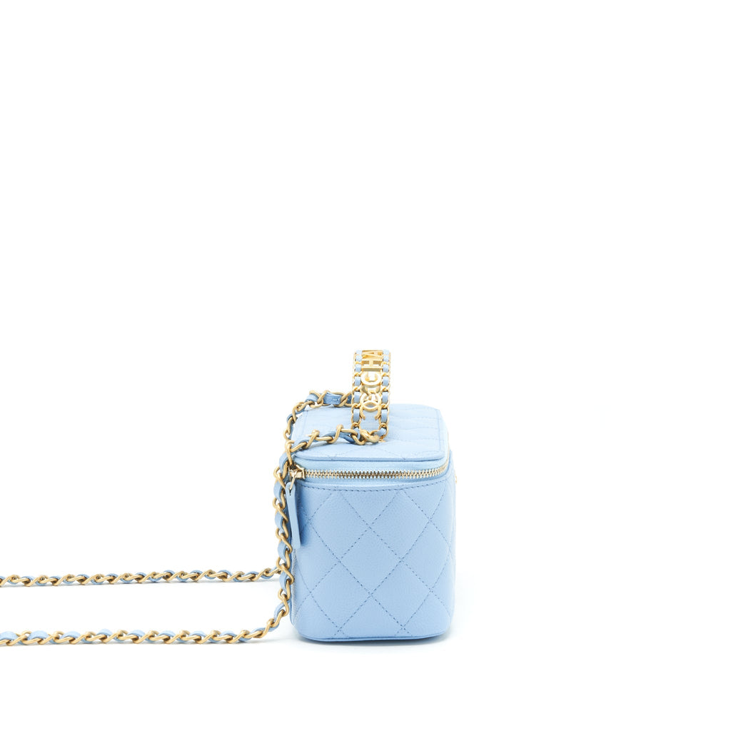 CHANEL 22S LONG VANITY CASE WITH LETTER HANDLE CAVIAR LIGHT BLUE GHW