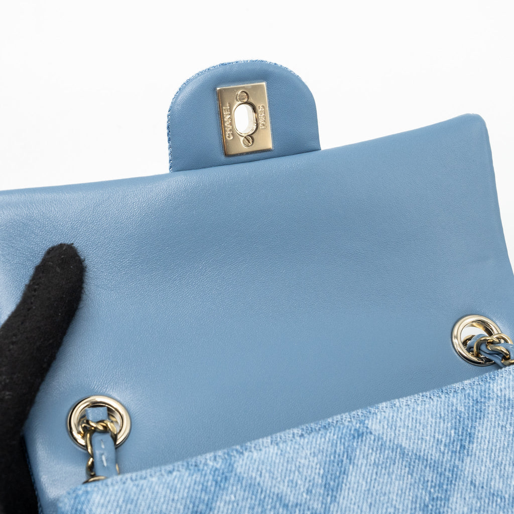CHANEL 22B MINI RECTANGULAR FLAP BAG DENIM LIGHT BLUE LGHW (MICROCHIP)