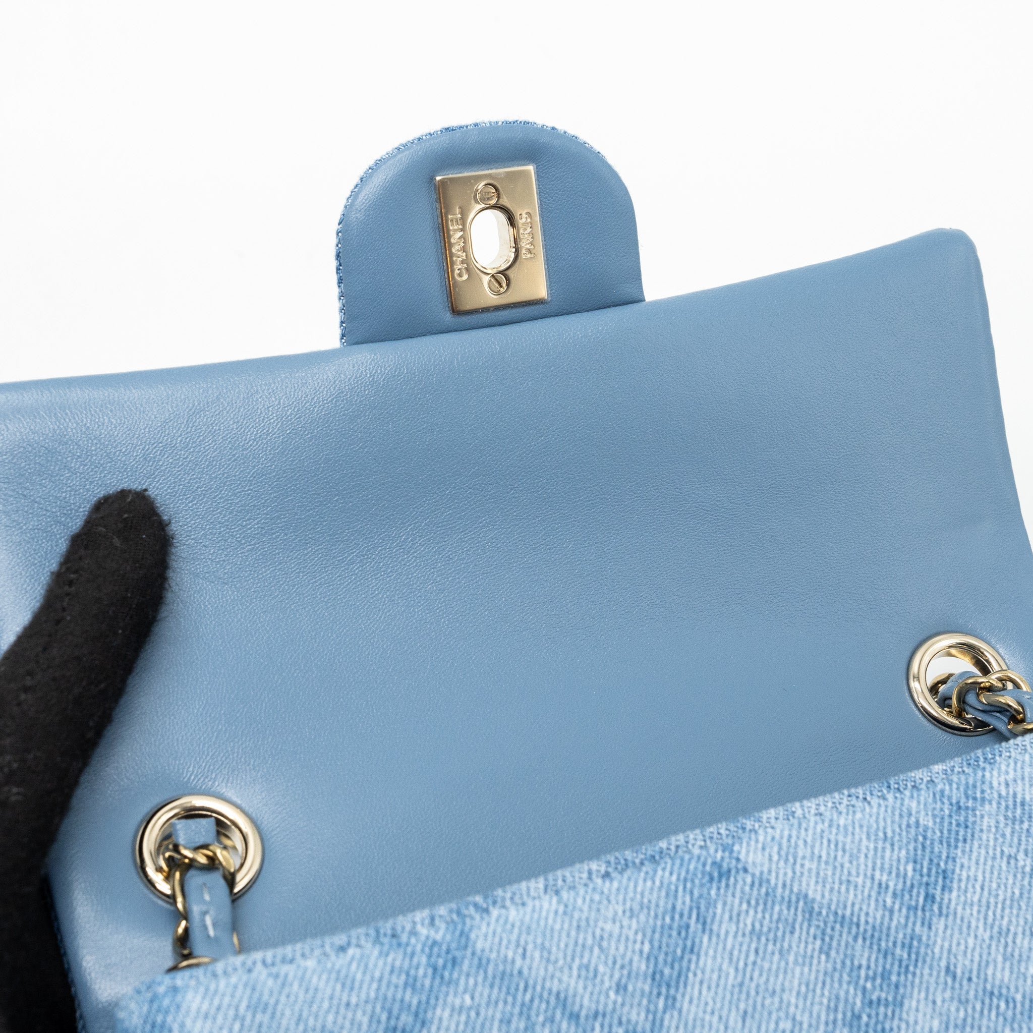 CHANEL 22B MINI RECTANGULAR FLAP BAG DENIM LIGHT BLUE LGHW (MICROCHIP)
