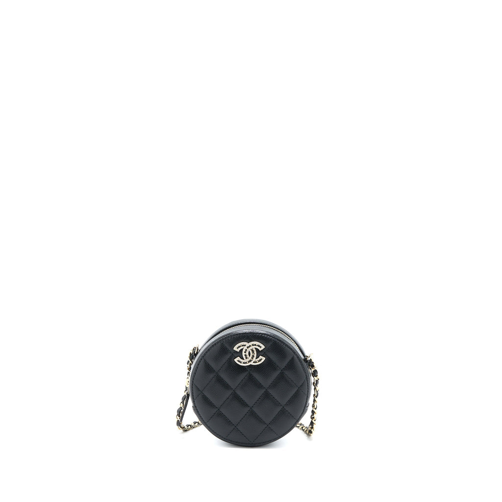 CHANEL CRYSTAL CC LOGO ROUND CLUTCH WITH CHAIN CAVIAR BLACK LGHW
