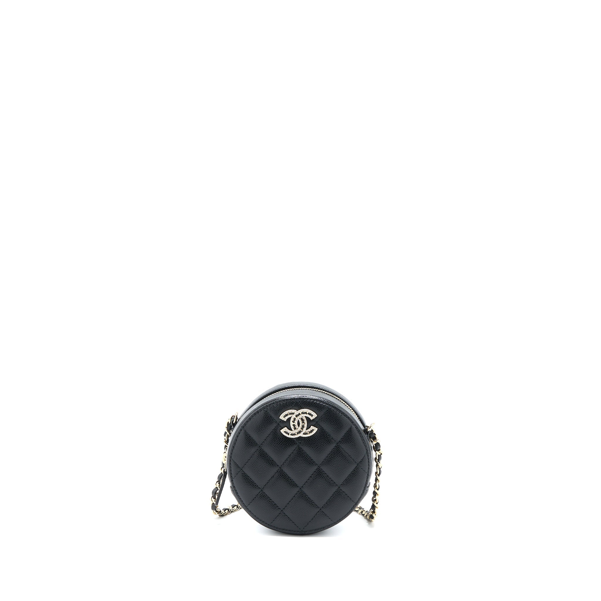 CHANEL CRYSTAL CC LOGO ROUND CLUTCH WITH CHAIN CAVIAR BLACK LGHW
