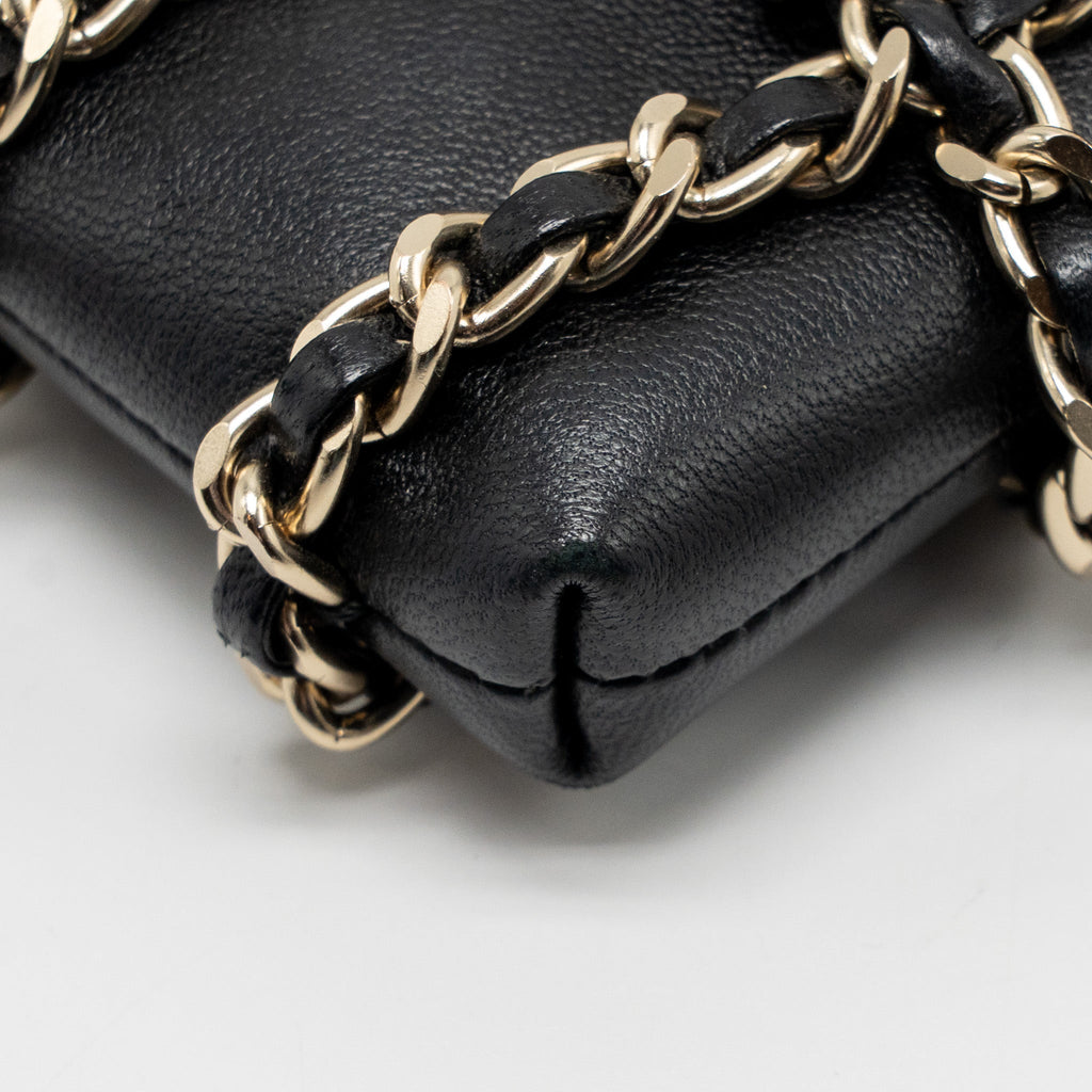 CHANEL GOLD CLUTCH O CHAIN VERTICAL PHONE HOLDER LAMBSKIN BLACK GHW