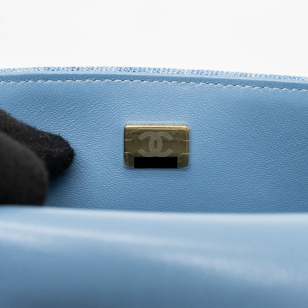 CHANEL 22B MINI RECTANGULAR FLAP BAG DENIM LIGHT BLUE LGHW (MICROCHIP)