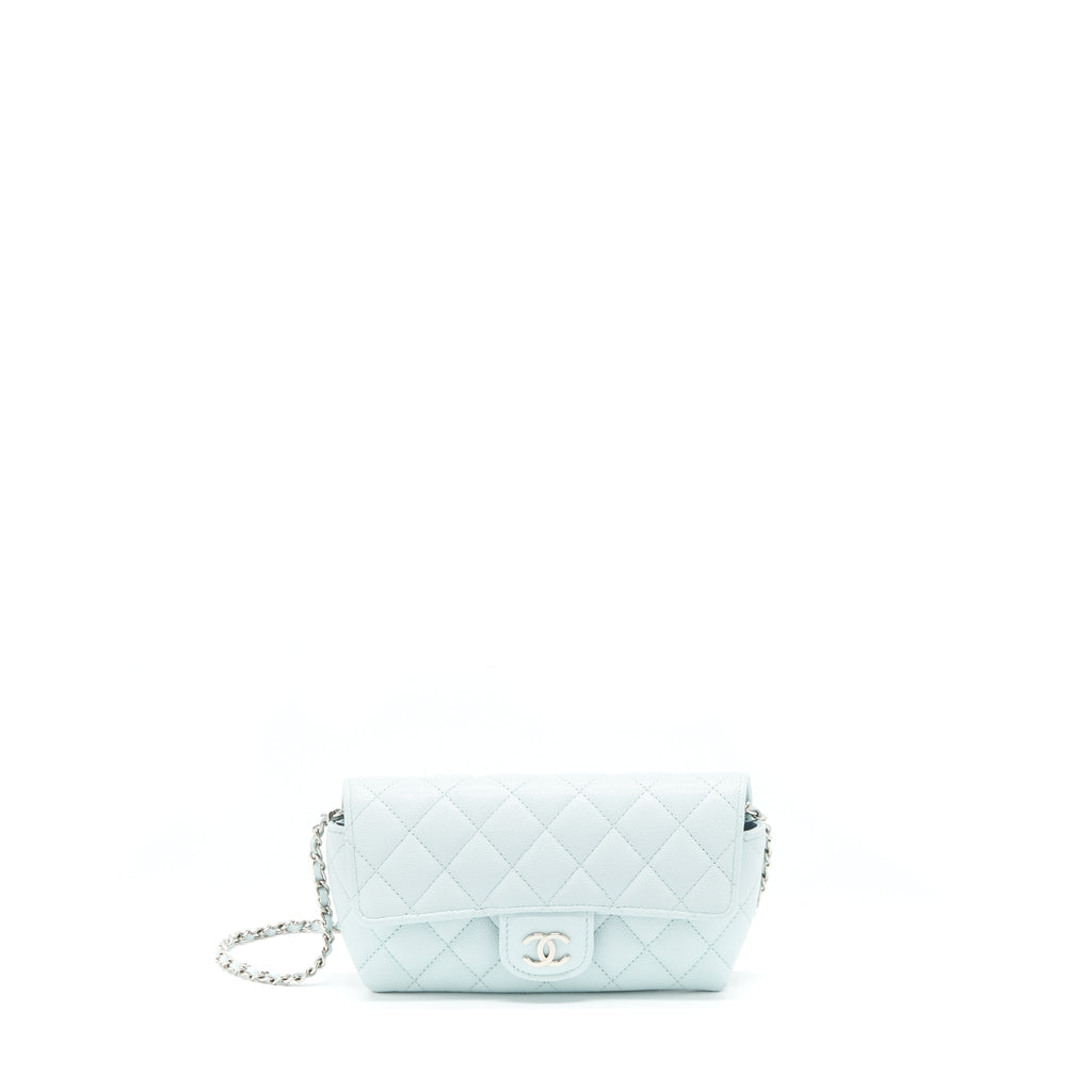 CHANEL GLASSES CASE WITH CHAIN CAVIAR LIGHT BLUE SHW