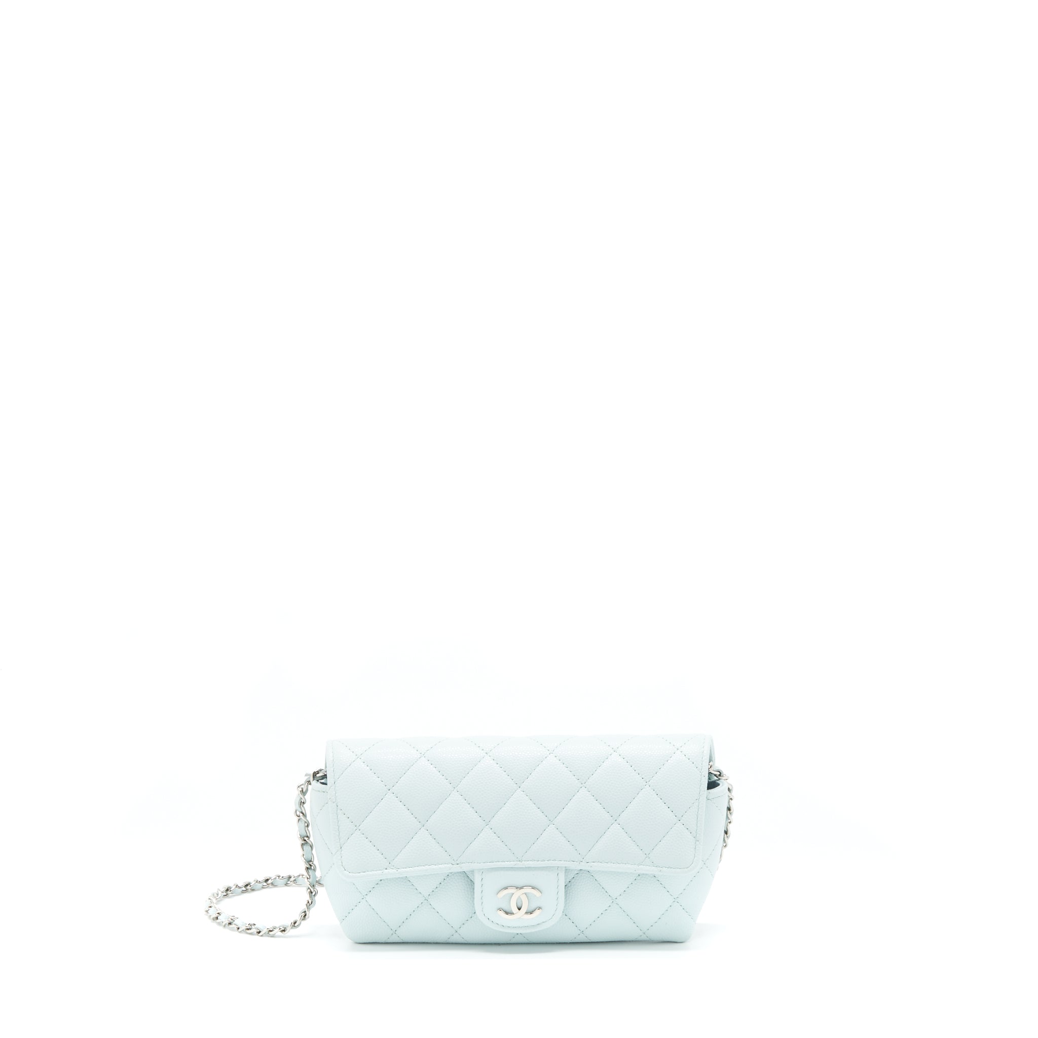 CHANEL GLASSES CASE WITH CHAIN CAVIAR LIGHT BLUE SHW