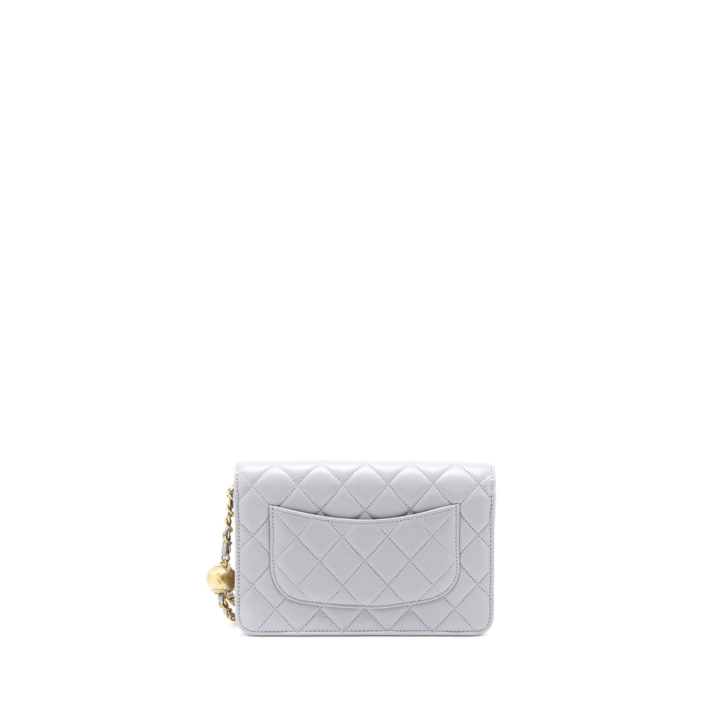 CHANEL PEARL CRUSH WALLET ON CHAIN LAMBSKIN LIGHT GREY GHW (MICROCHIP)