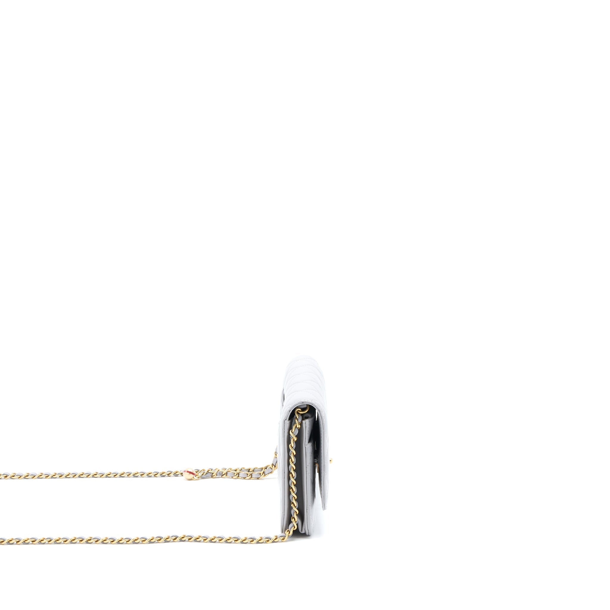 CHANEL PEARL CRUSH WALLET ON CHAIN LAMBSKIN LIGHT GREY GHW (MICROCHIP)