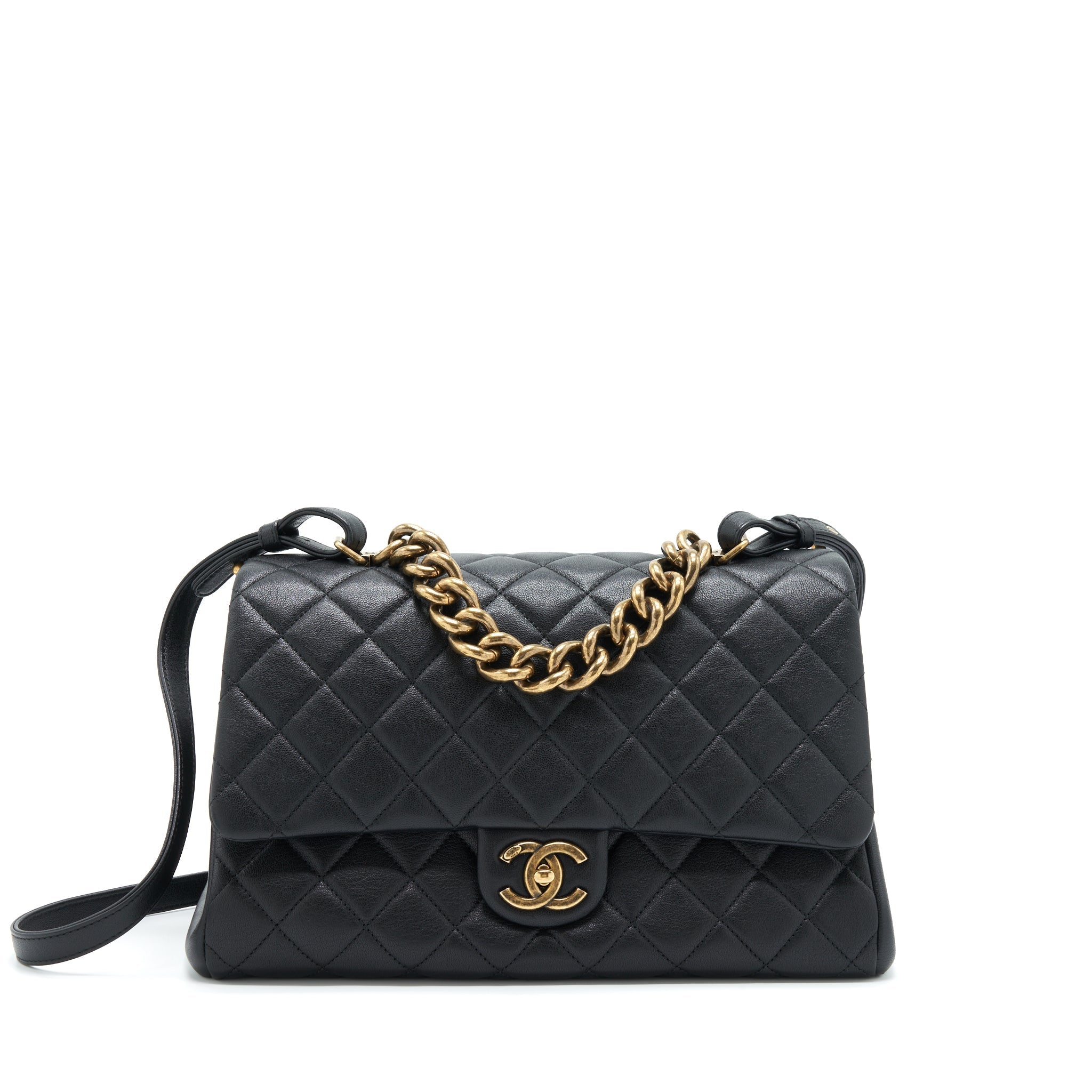 CHANEL LARGE FLAP BAG CALFSKIN BLACK RUTHENIUM GOLD HARDWARE