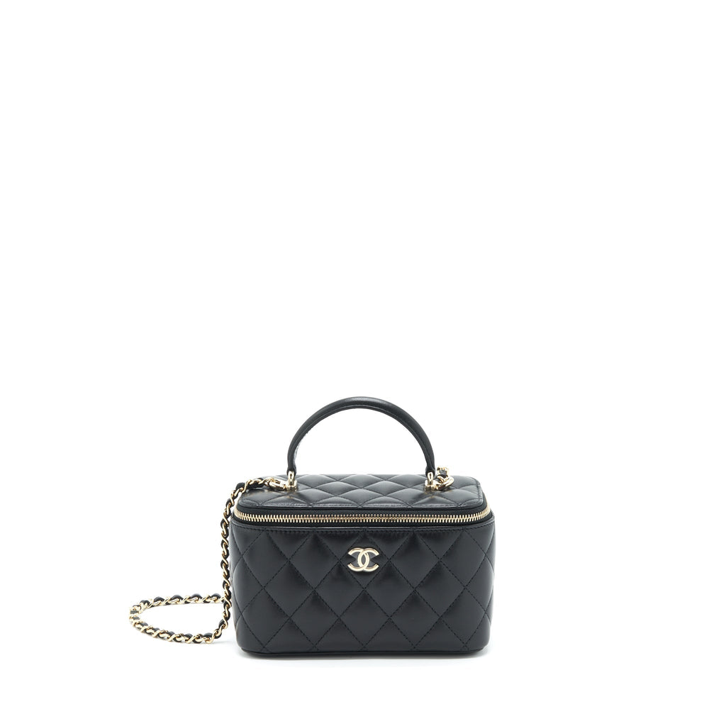 CHANEL 22A MINI TOP HANDLE LONG VANITY WITH CHAIN LAMBSKIN BLACK LGHW (MICROCHIP)