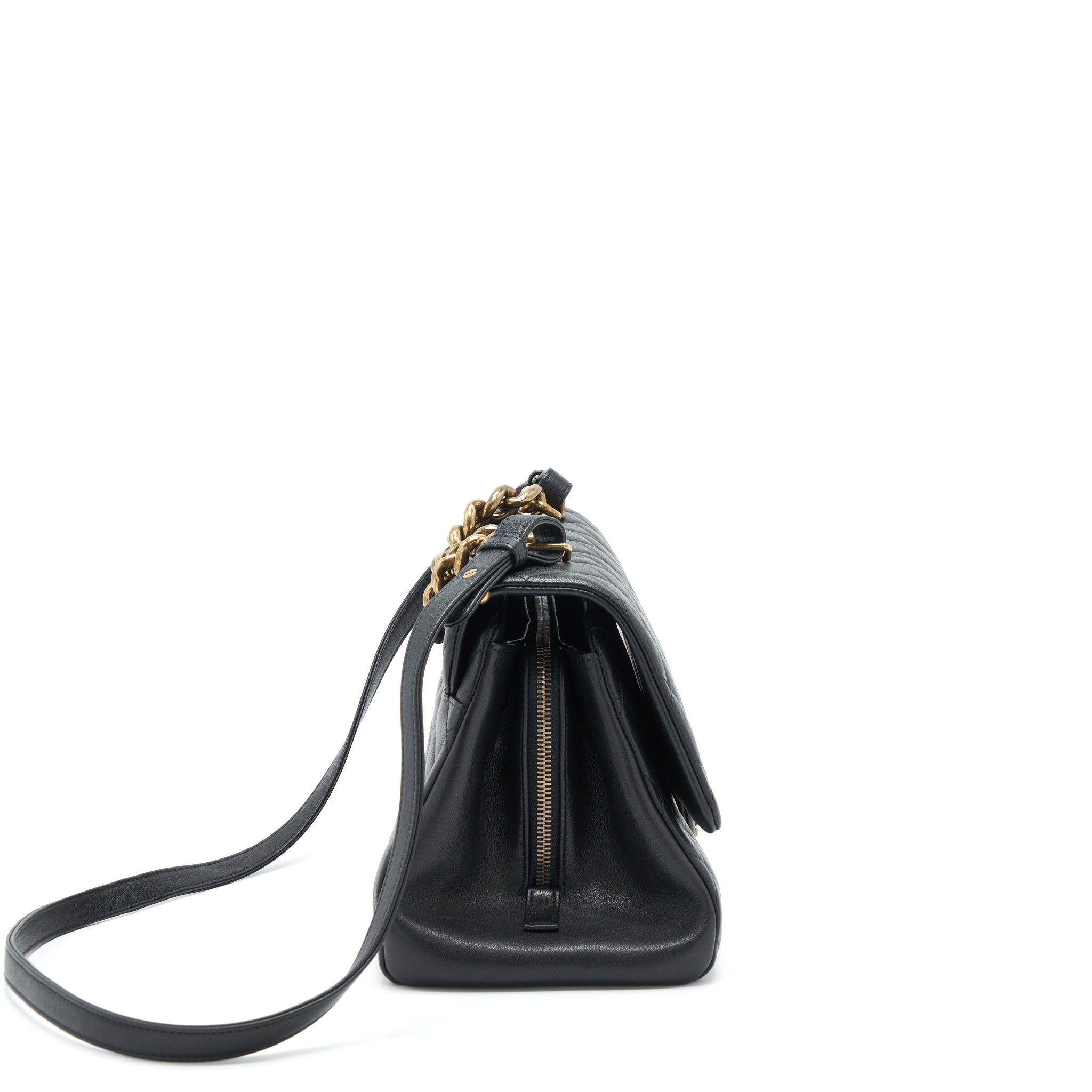 CHANEL LARGE FLAP BAG CALFSKIN BLACK RUTHENIUM GOLD HARDWARE