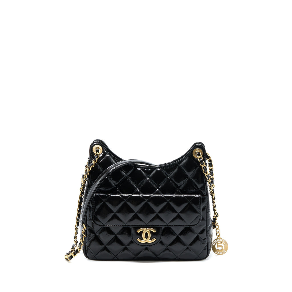 CHANEL 23C HOBO BAG SHINY CALFSKIN BLACK BRUSHED GHW(MICROCHIP)