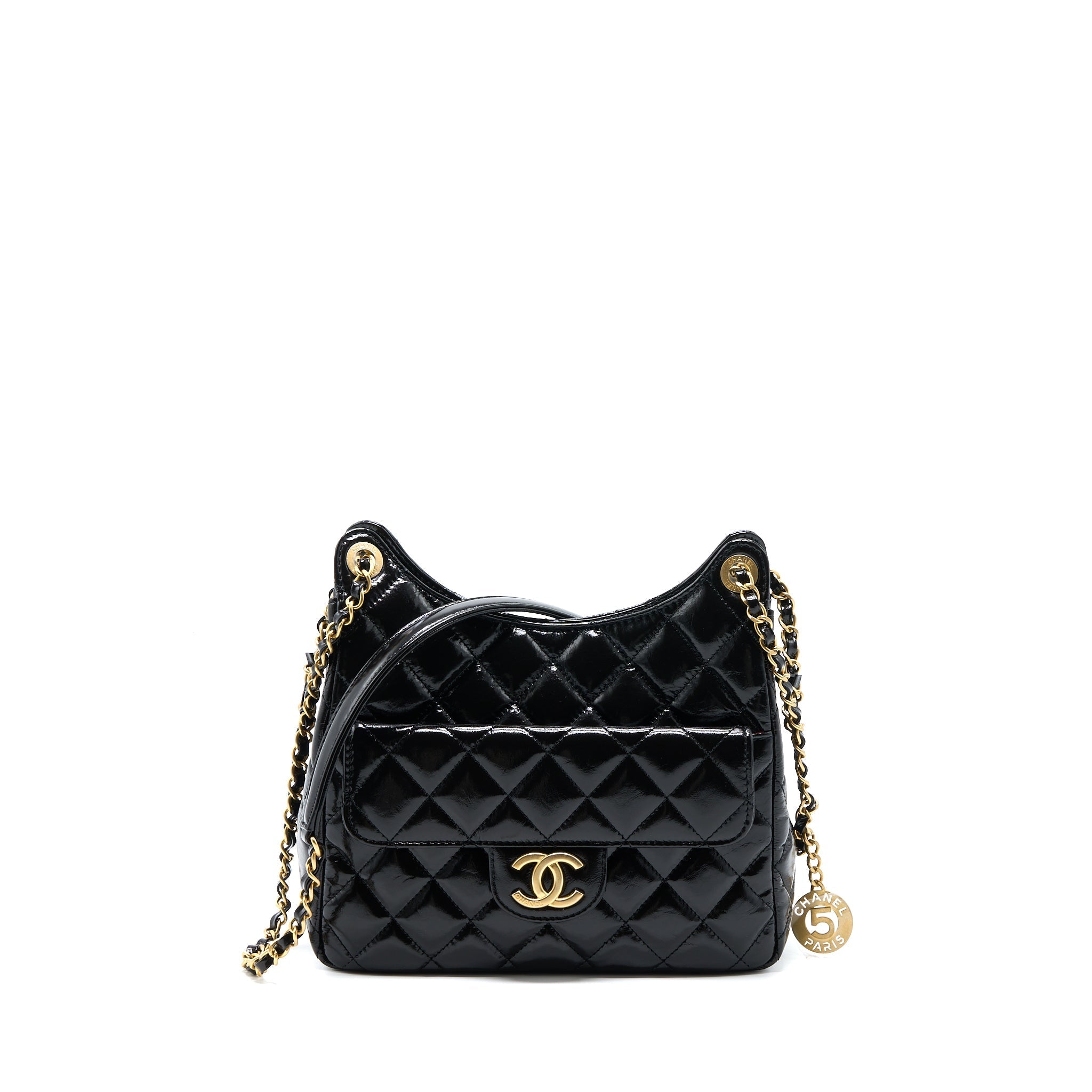 CHANEL 23C HOBO BAG SHINY CALFSKIN BLACK BRUSHED GHW(MICROCHIP)