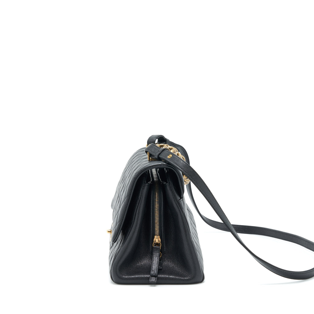 CHANEL LARGE FLAP BAG CALFSKIN BLACK RUTHENIUM GOLD HARDWARE