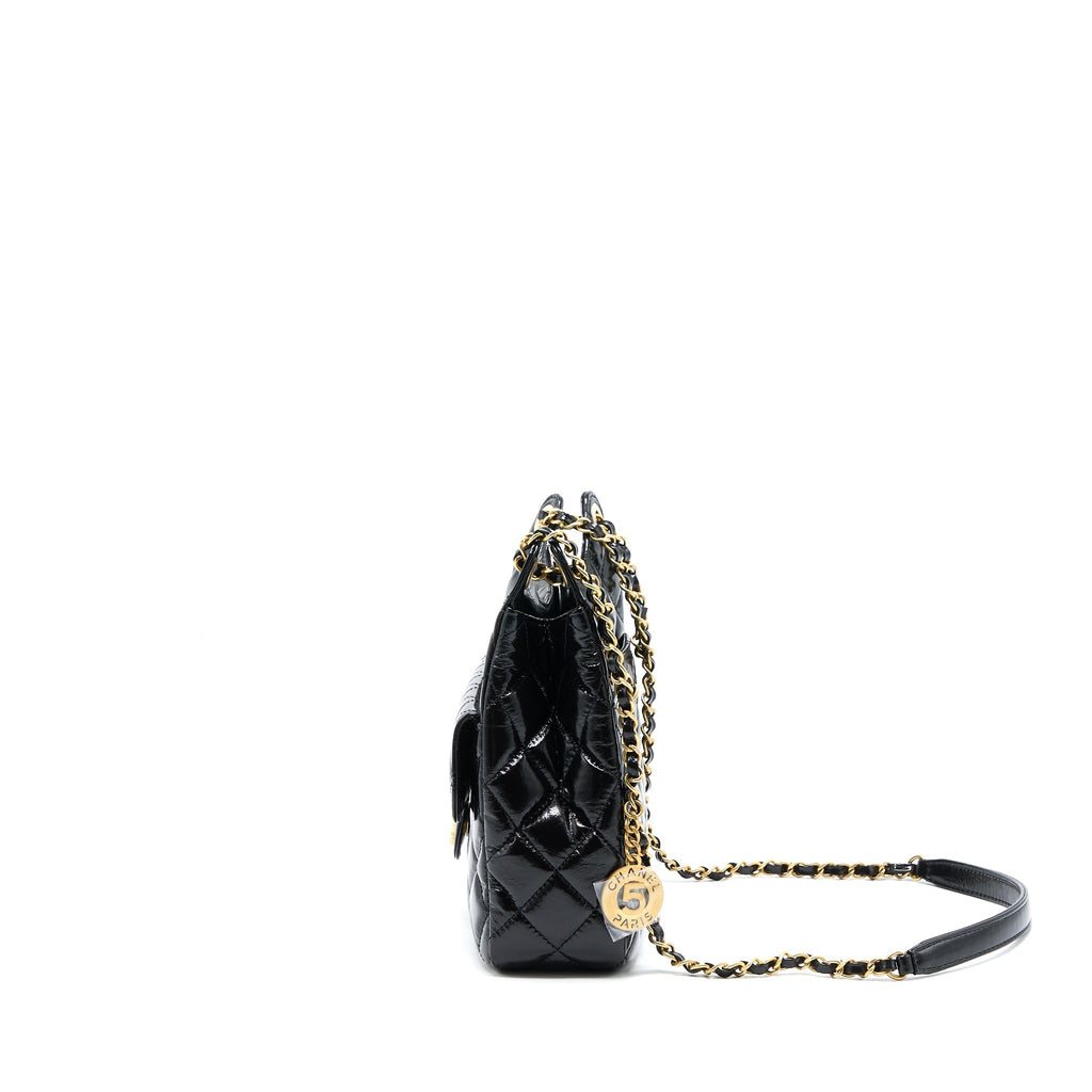 CHANEL 23C HOBO BAG SHINY CALFSKIN BLACK BRUSHED GHW(MICROCHIP)