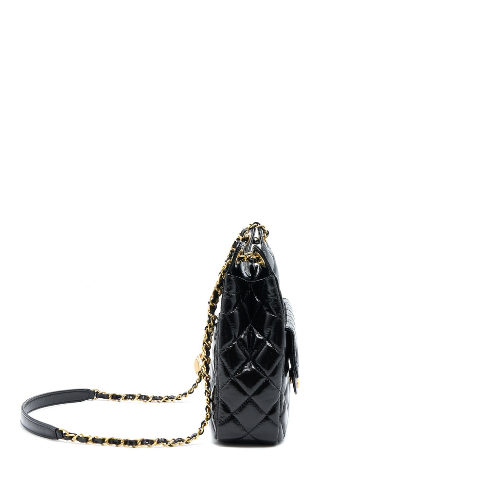 CHANEL 23C HOBO BAG SHINY CALFSKIN BLACK BRUSHED GHW(MICROCHIP)
