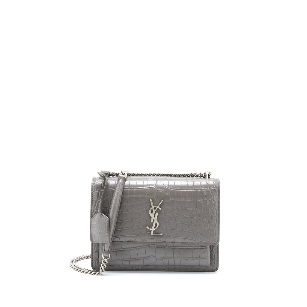 SAINT LAURENT MEDIUM SUNSET CHAIN BAG CROC EMBOSSED CALFSKIN GREY SHW