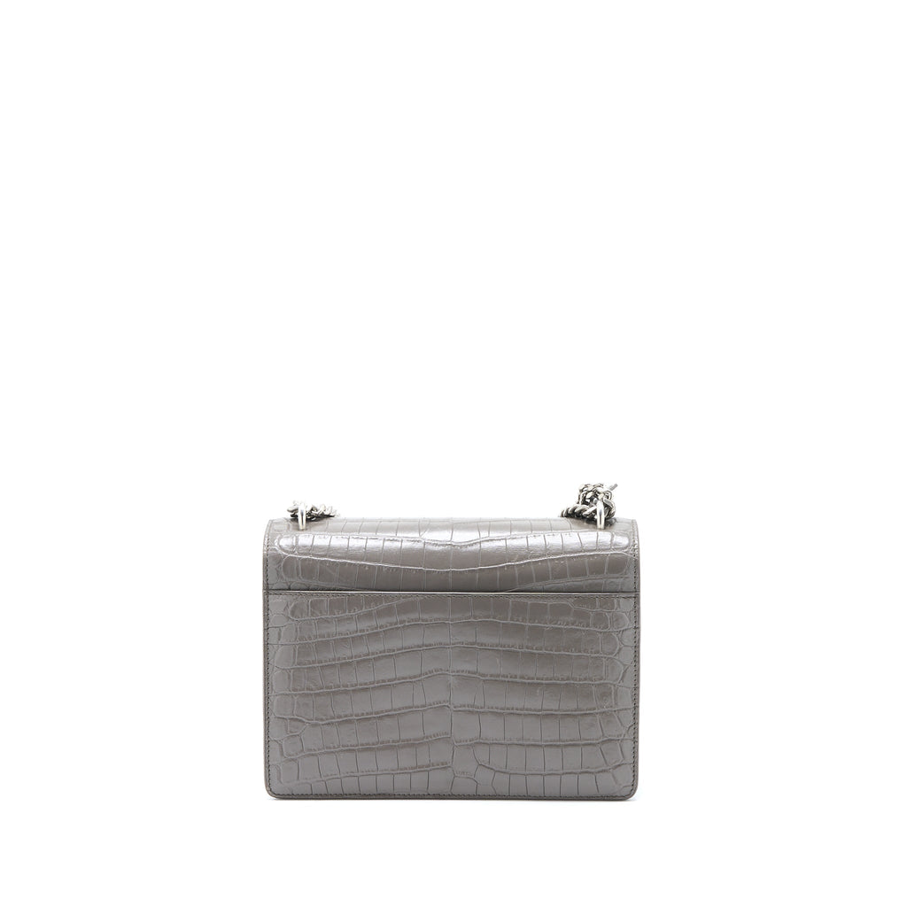 SAINT LAURENT MEDIUM SUNSET CHAIN BAG CROC EMBOSSED CALFSKIN GREY SHW