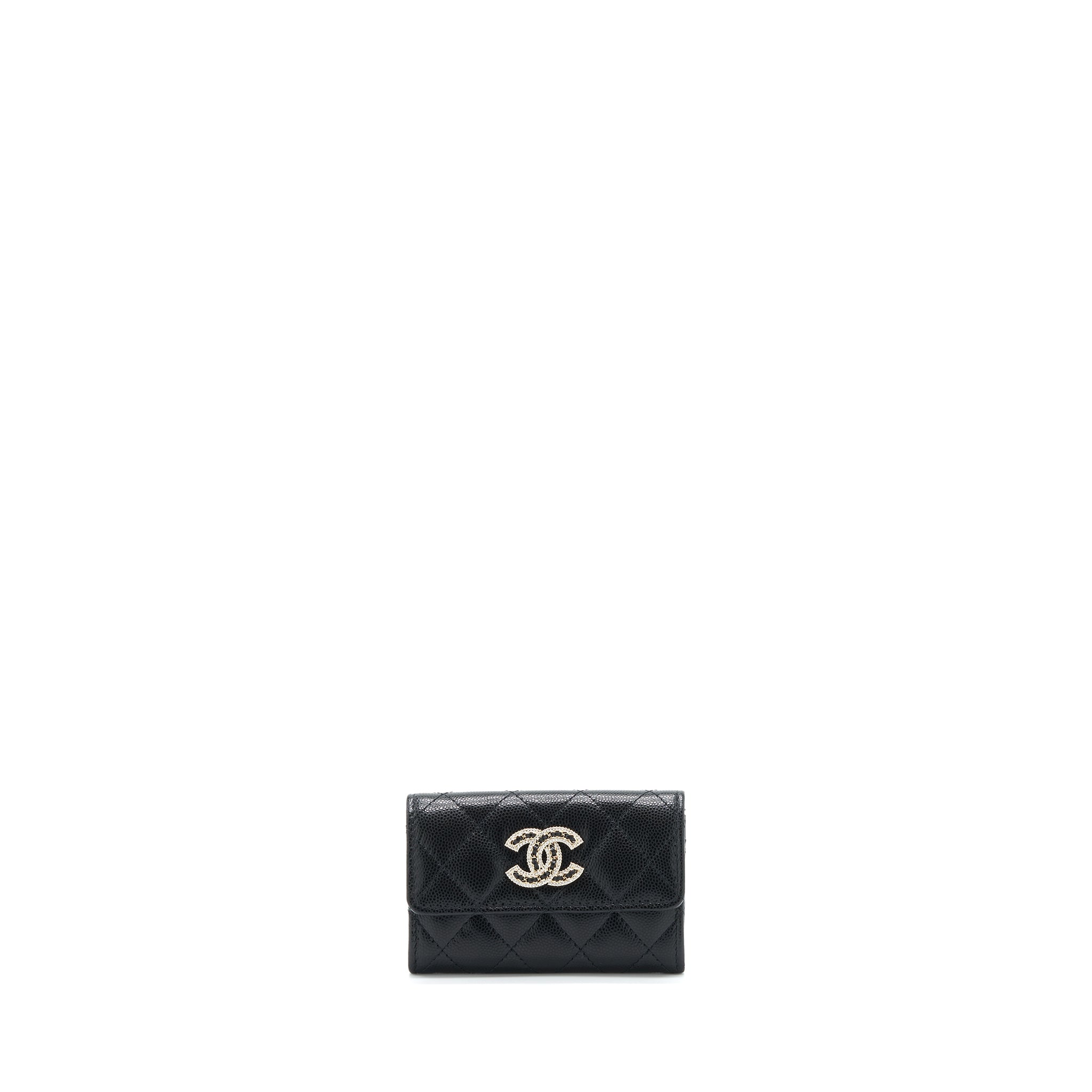 CHANEL 22S DETAILED LOGO MINI FLAP CARD HOLDER CAVIAR BLACK LGHW