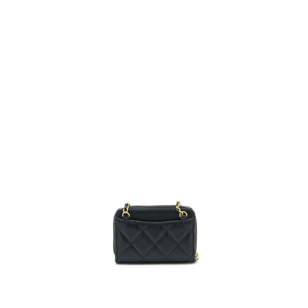 CHANEL 22C PEARL CRUSH CARD HOLDER WITH CHAIN LAMBSKIN BLACK GHW