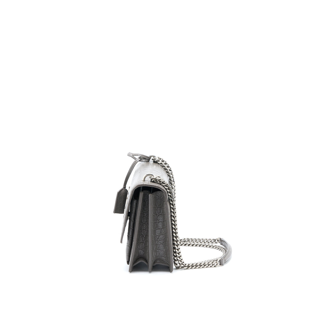 SAINT LAURENT MEDIUM SUNSET CHAIN BAG CROC EMBOSSED CALFSKIN GREY SHW