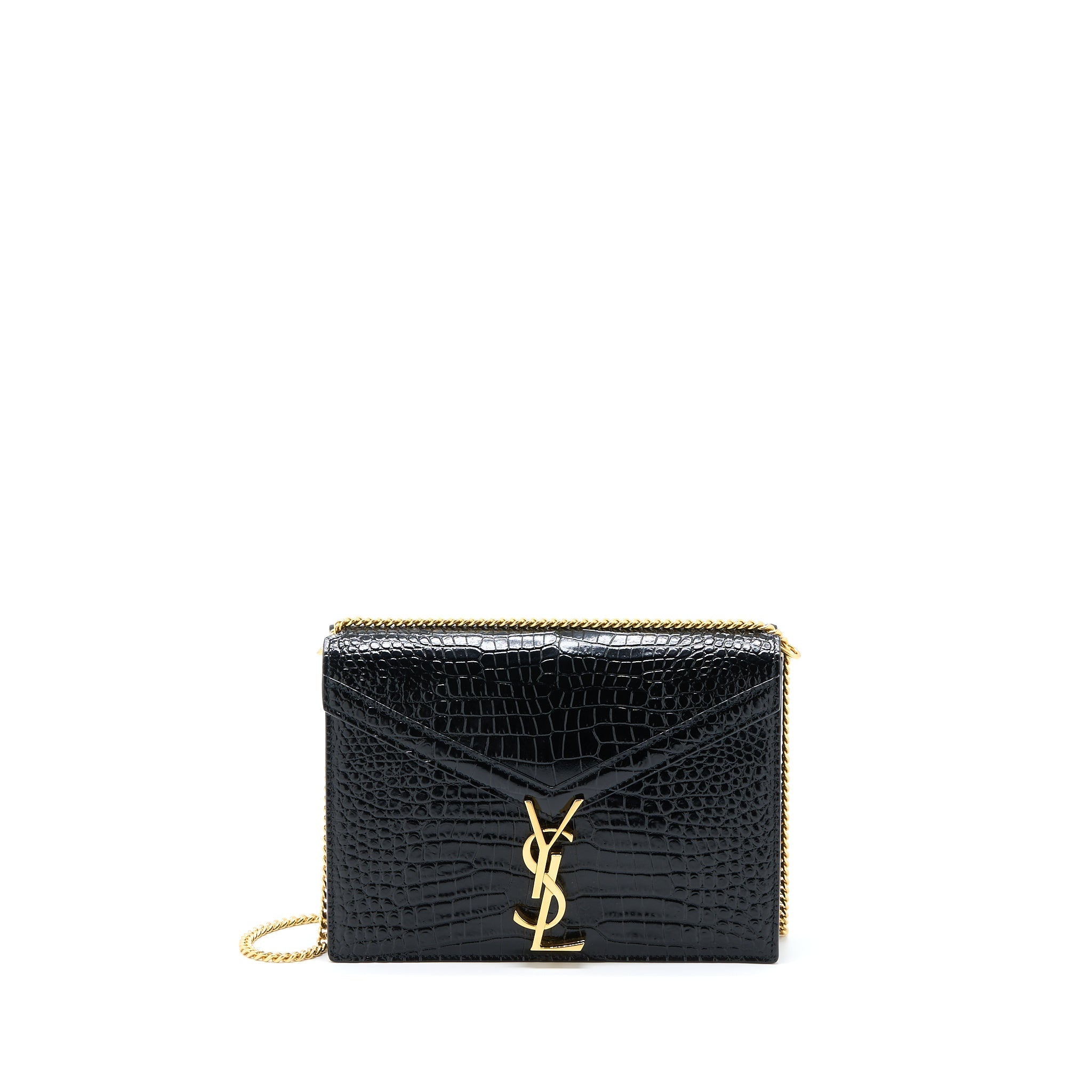SAINT LAURENT CASSANDRA CHAIN BAG CROC EMBOSSED LEATHER BLACK GHW
