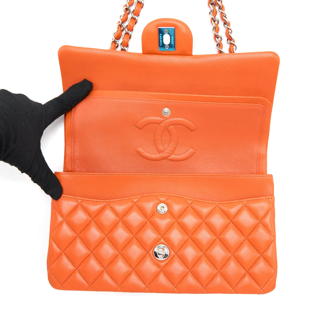 CHANEL MEDIUM CLASSIC DOUBLE FLAP BAG LAMBSKIN ORANGE SHW