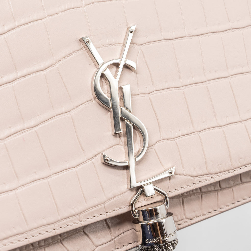 SAINT LAURENT KATE WALLET ON CHAIN CROC EMBOSSED LEATHER LIGHT PINK SHW
