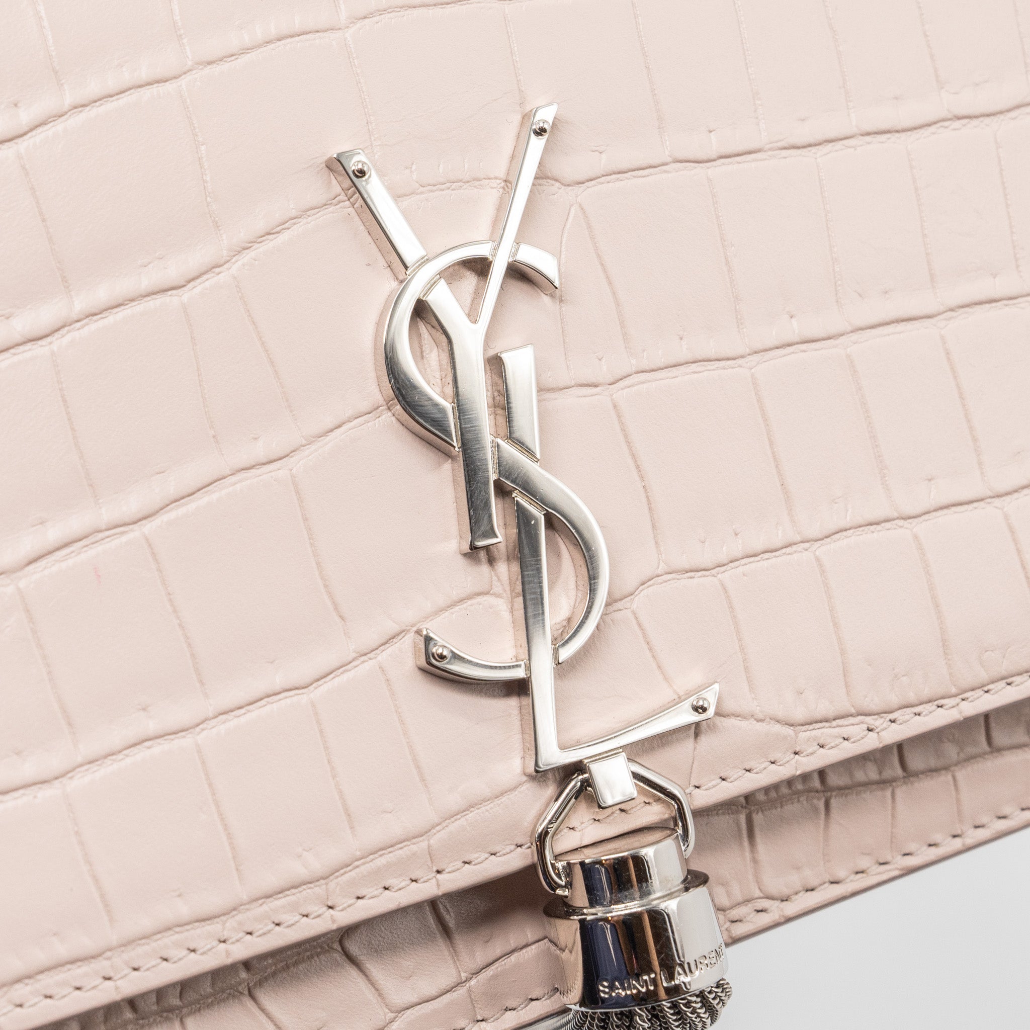 SAINT LAURENT KATE WALLET ON CHAIN CROC EMBOSSED LEATHER LIGHT PINK SHW