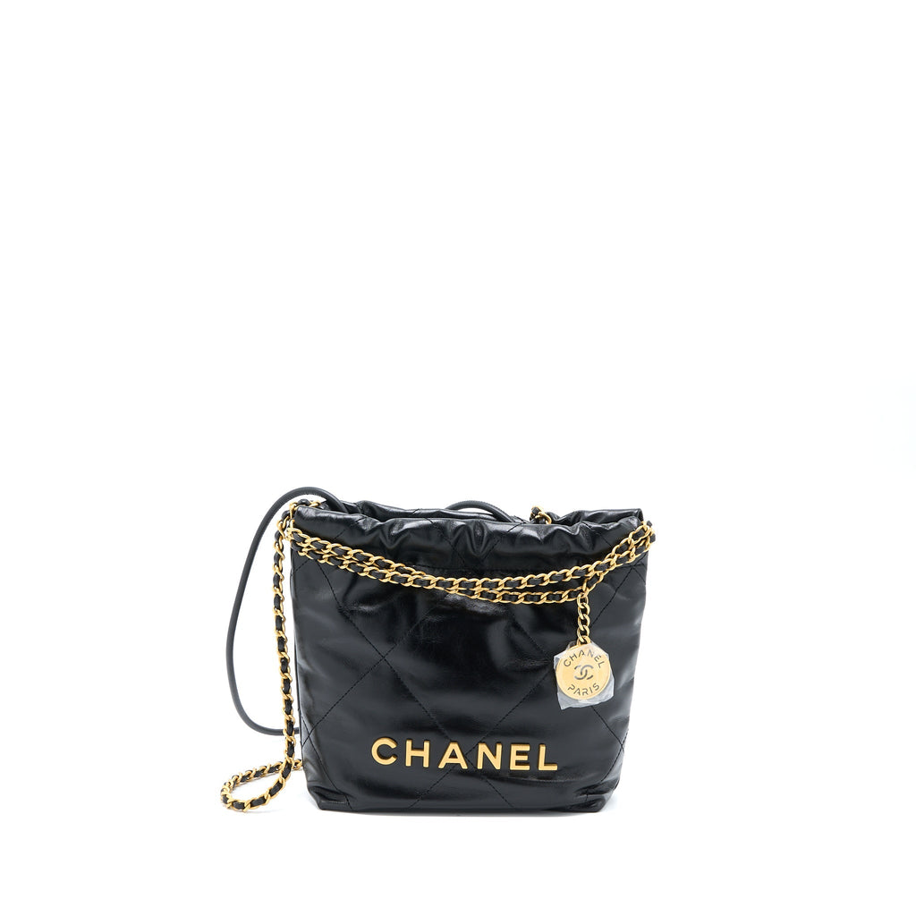 CHANEL MINI 22 BAG SHINY CALFSKIN BLACK BRUSHED GHW (MICROCHIP)