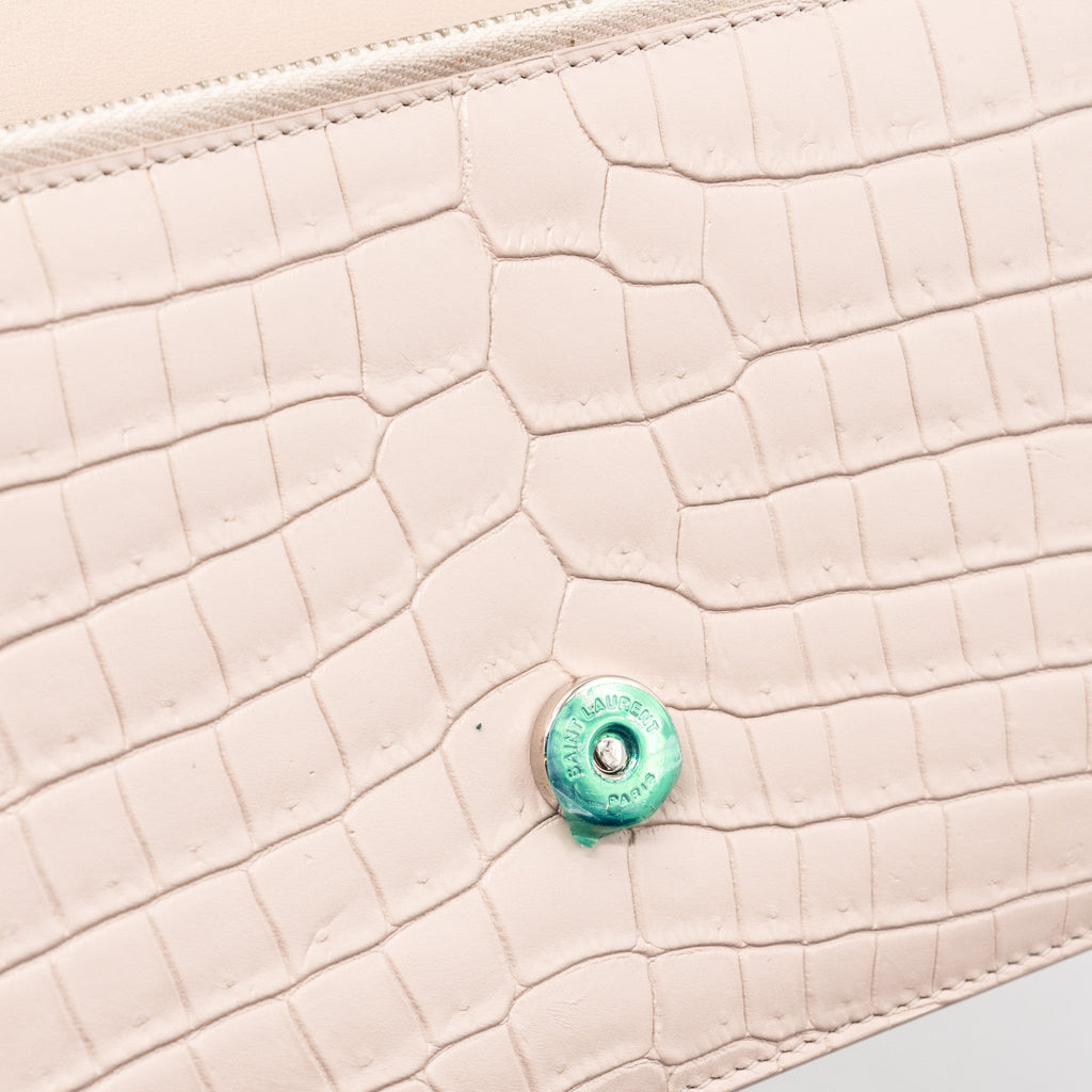 SAINT LAURENT KATE WALLET ON CHAIN CROC EMBOSSED LEATHER LIGHT PINK SHW