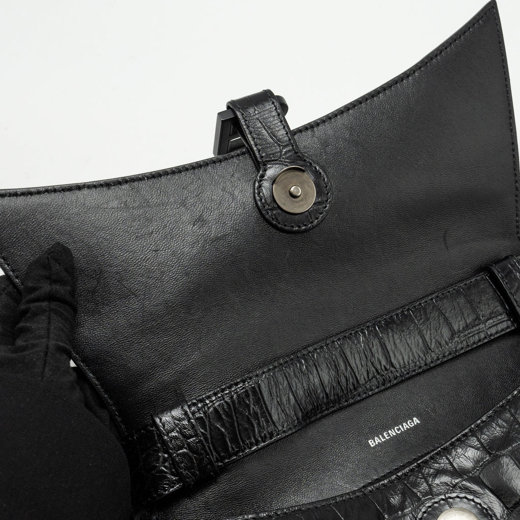 BALENCIAGA LIMITED EDITION DOWNTOWN SMALL SHOULDER BAG CROC-EMBOSSED CALFSKIN BLACK WITH BLACK HARDWARE