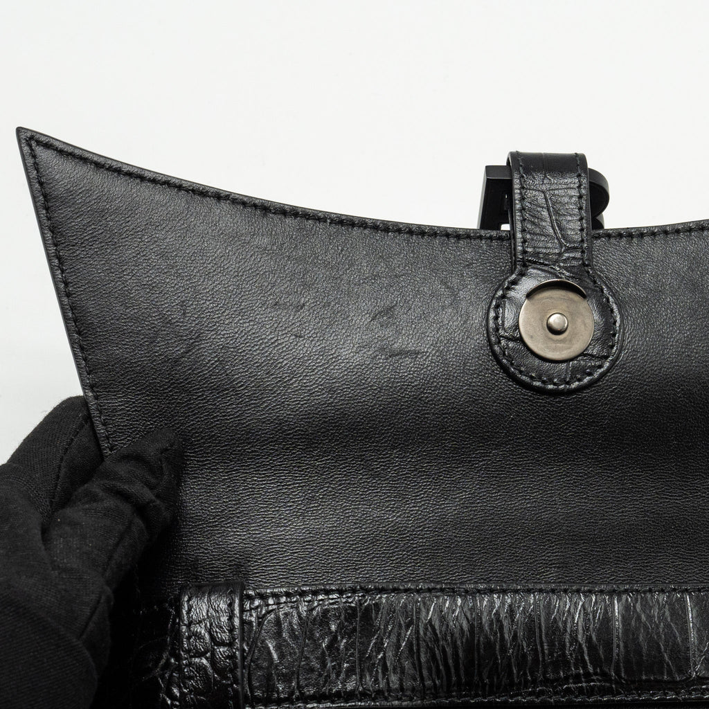 BALENCIAGA LIMITED EDITION DOWNTOWN SMALL SHOULDER BAG CROC-EMBOSSED CALFSKIN BLACK WITH BLACK HARDWARE