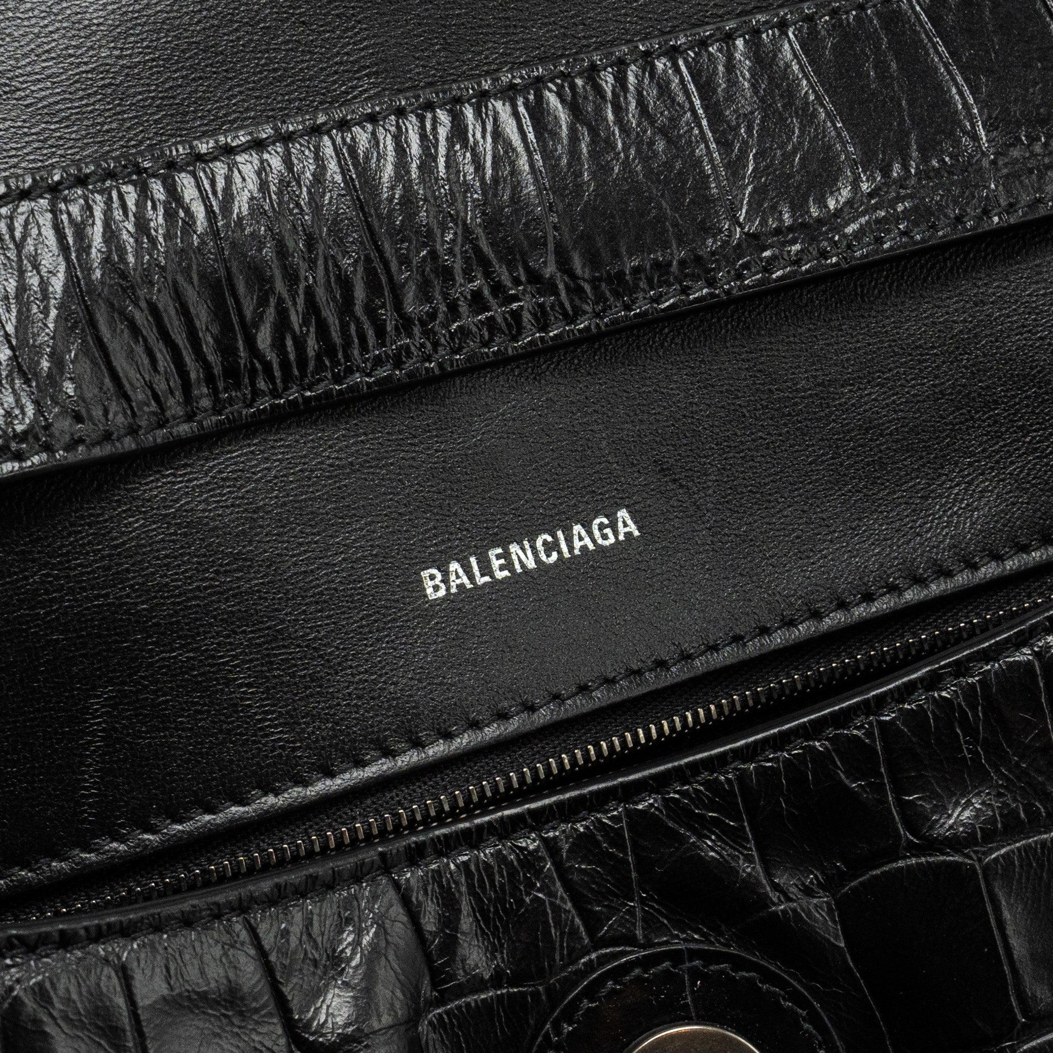 BALENCIAGA LIMITED EDITION DOWNTOWN SMALL SHOULDER BAG CROC-EMBOSSED CALFSKIN BLACK WITH BLACK HARDWARE