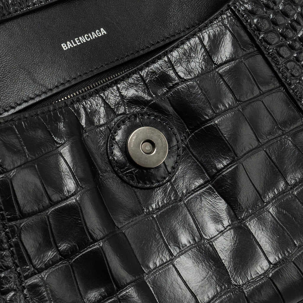 BALENCIAGA LIMITED EDITION DOWNTOWN SMALL SHOULDER BAG CROC-EMBOSSED CALFSKIN BLACK WITH BLACK HARDWARE