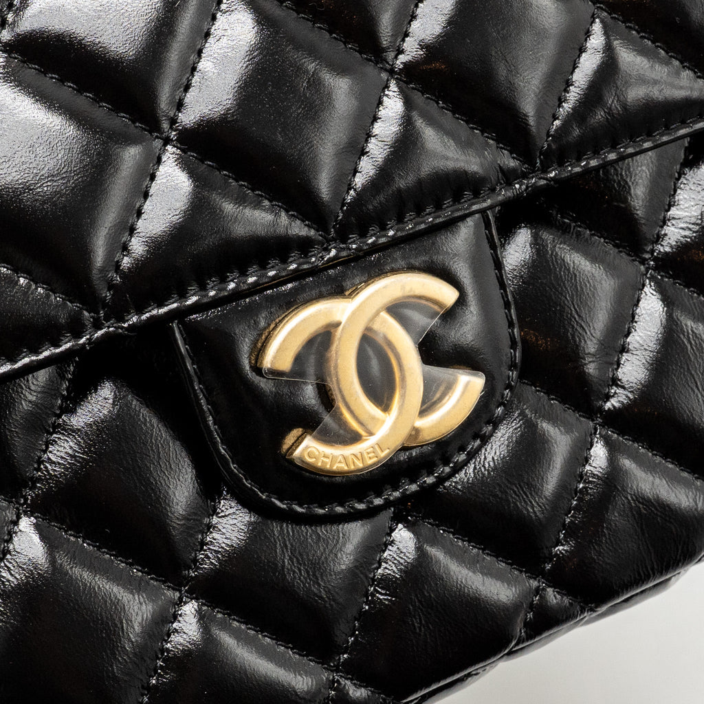 CHANEL HOBO BAG SHINY CALFSKIN BLACK BRUSHED GHW