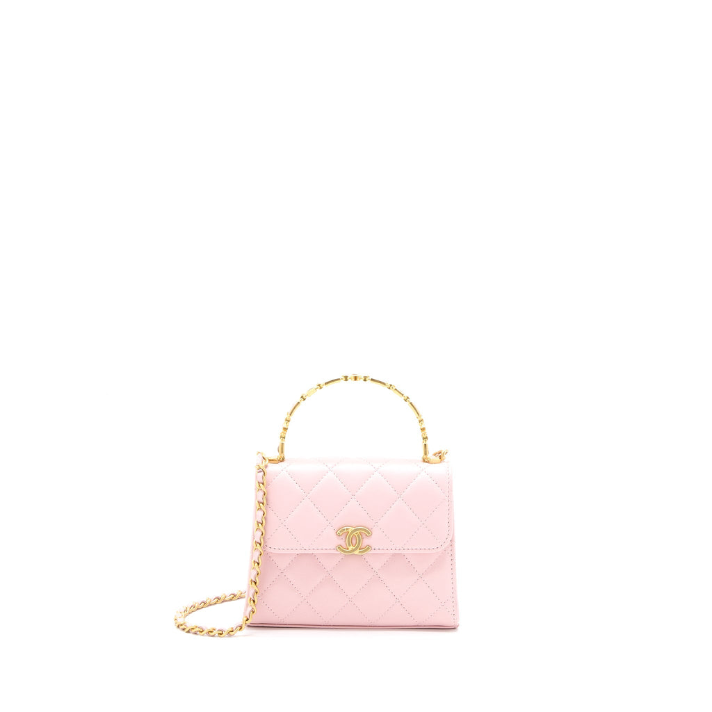 CHANEL 22B MINI FLAP BAG WITH ENAMEL TOP HANDLE LAMBSKIN PINK BRUSHED GHW