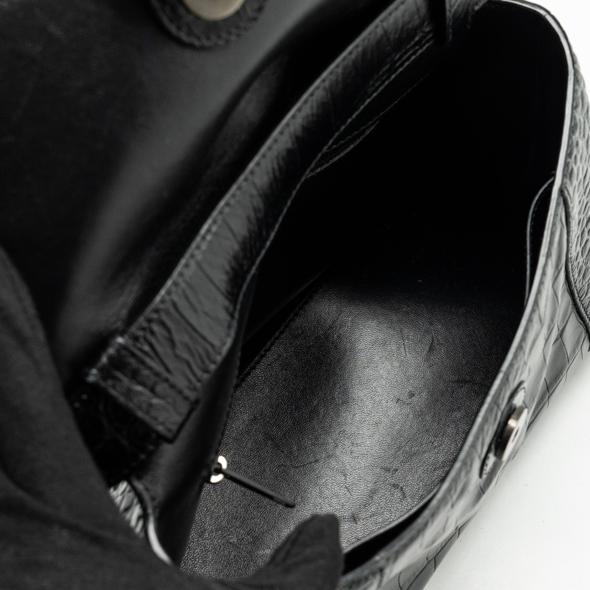 BALENCIAGA LIMITED EDITION DOWNTOWN SMALL SHOULDER BAG CROC-EMBOSSED CALFSKIN BLACK WITH BLACK HARDWARE