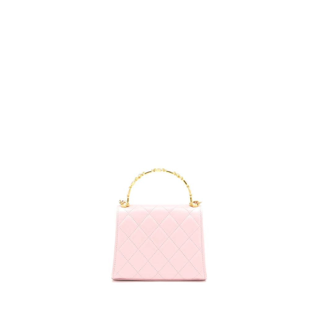 CHANEL 22B MINI FLAP BAG WITH ENAMEL TOP HANDLE LAMBSKIN PINK BRUSHED GHW