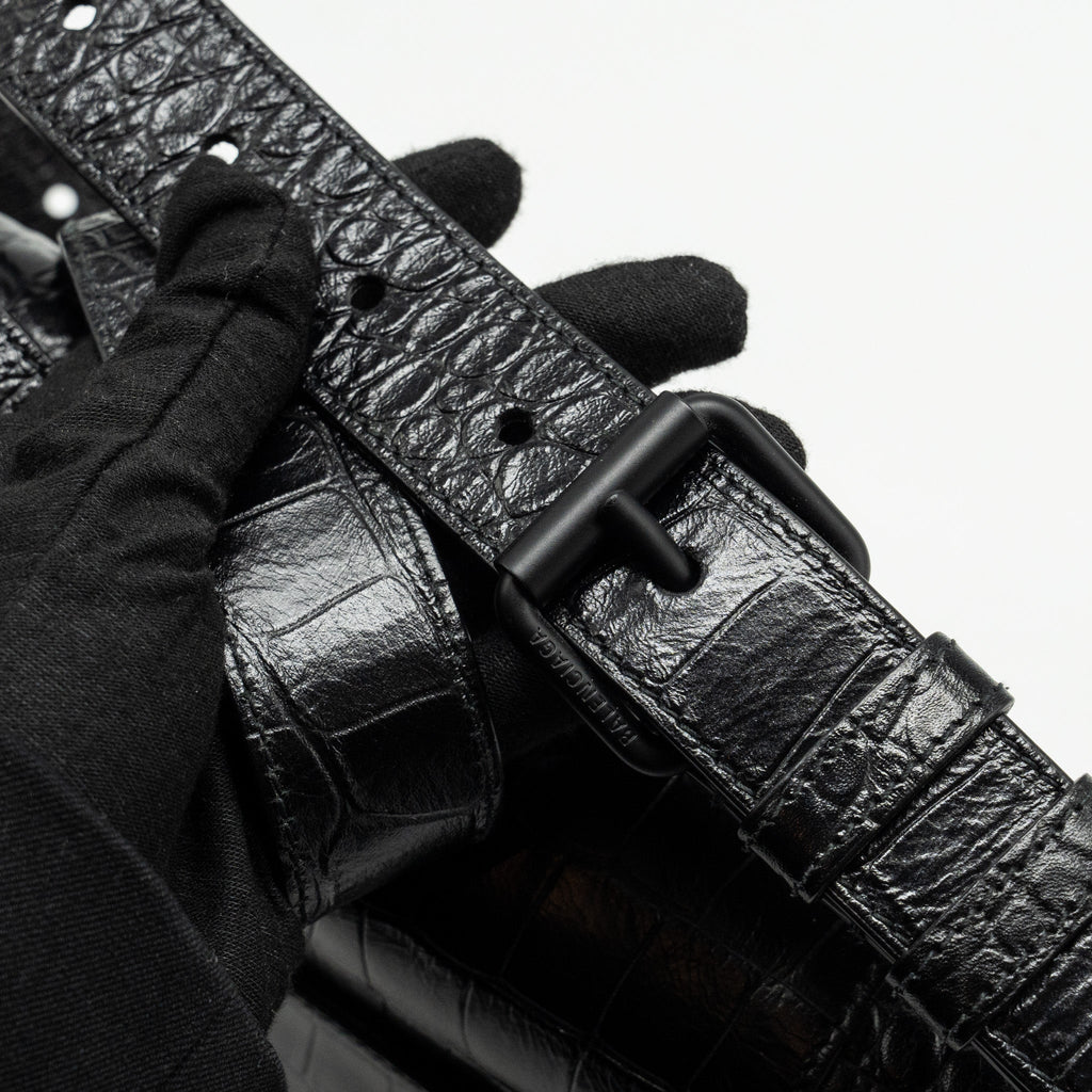 BALENCIAGA LIMITED EDITION DOWNTOWN SMALL SHOULDER BAG CROC-EMBOSSED CALFSKIN BLACK WITH BLACK HARDWARE