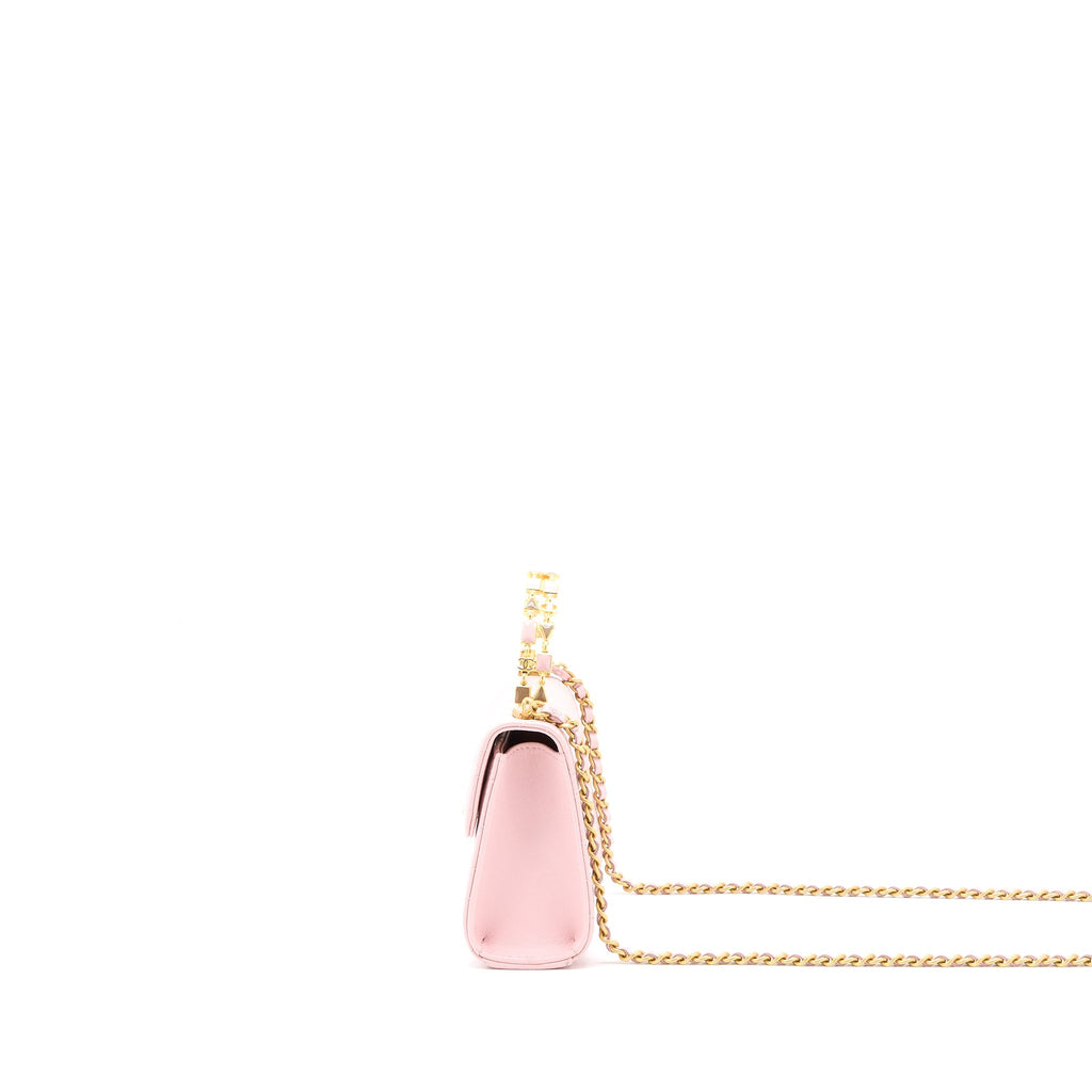 CHANEL 22B MINI FLAP BAG WITH ENAMEL TOP HANDLE LAMBSKIN PINK BRUSHED GHW