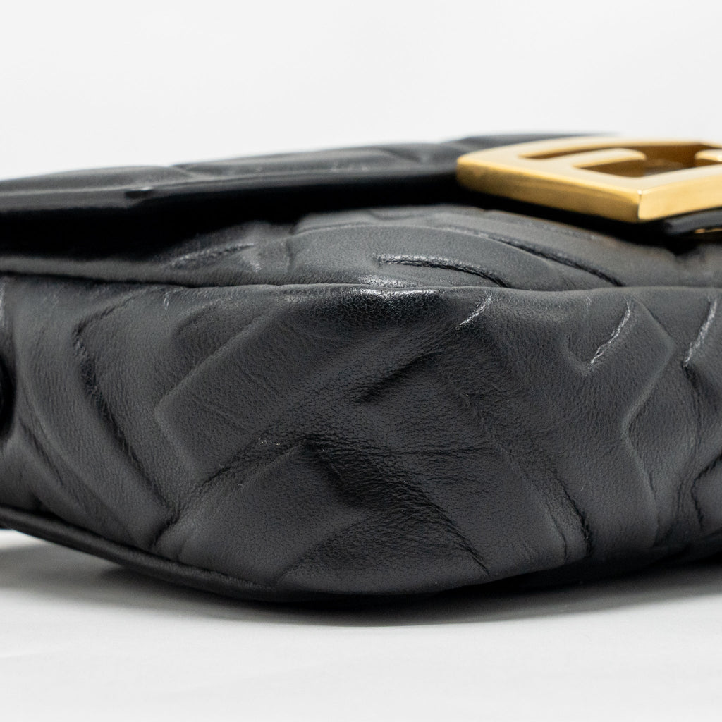 FENDI MINI BAGUETTE BAG FF MOTIF LAMBSKIN BLACK GHW