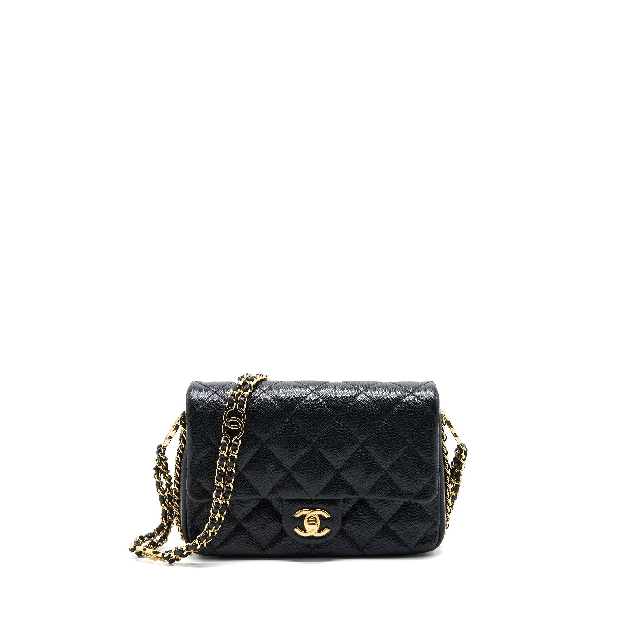 CHANEL 23C MINI FLAP BAG WITH CC LOGO CHAIN GRAINED CALFSKIN BLACK GHW (MICROCHIP)