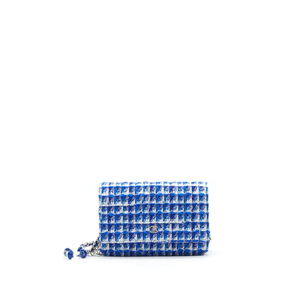 CHANEL TWEED QUILTED WALLET ON CHAIN WOC BLUE