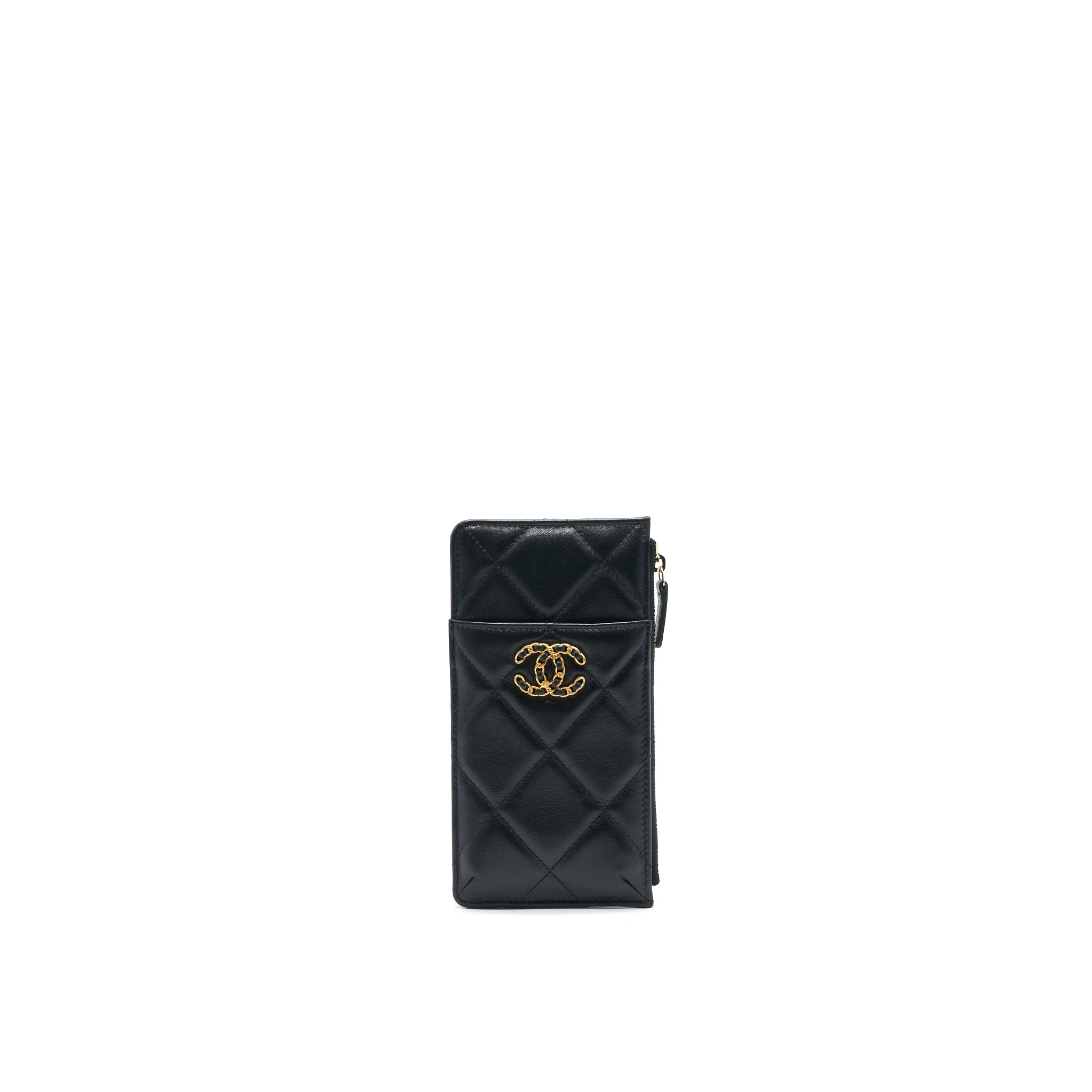 CHANEL 19 PHONE AND CARD HOLDER LAMBSKIN QUILTED BLACK
