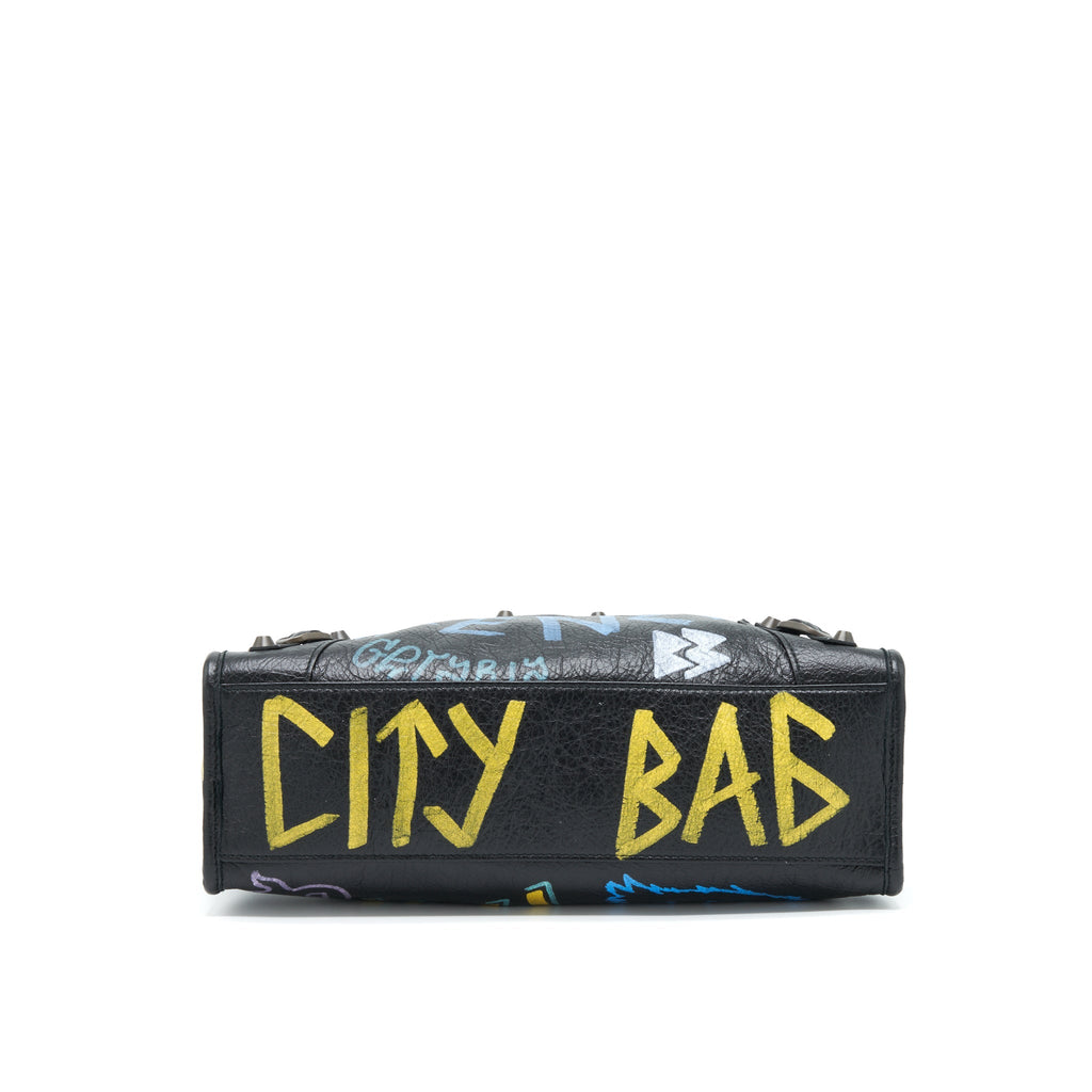BALENCIAGA CITY BAG BLACK WITH MULTICOLOUR GRAFFITI RUTHENIUM HARDWARE