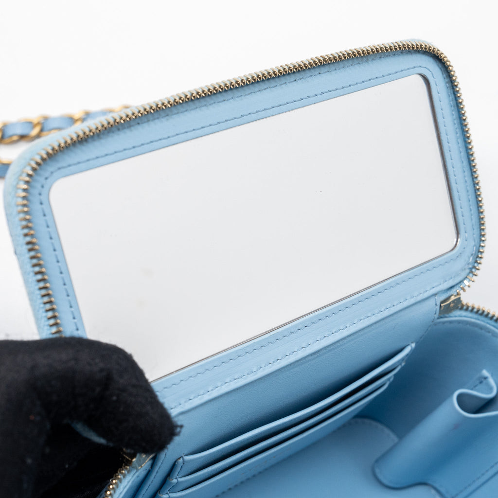 CHANEL DETAILED TOP HANDLE LONG VANITY WITH CHAIN CAVIAR LIGHT BLUE GHW