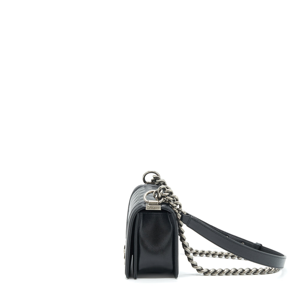 CHANEL SMALL BOY BAG CAVIAR BLACK RUTHENIUM SLIVER HARDWARE