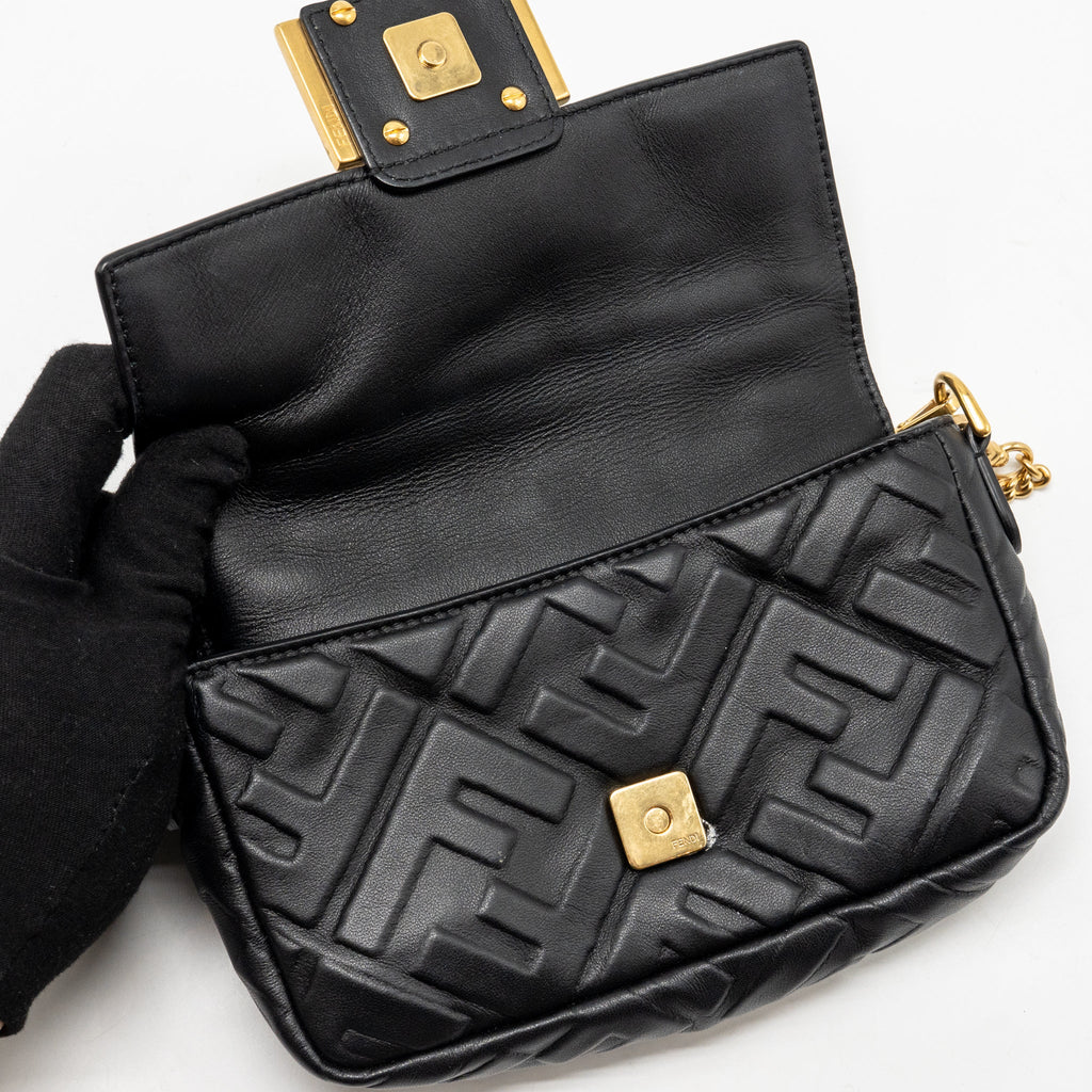 FENDI MINI BAGUETTE BAG FF MOTIF LAMBSKIN BLACK GHW