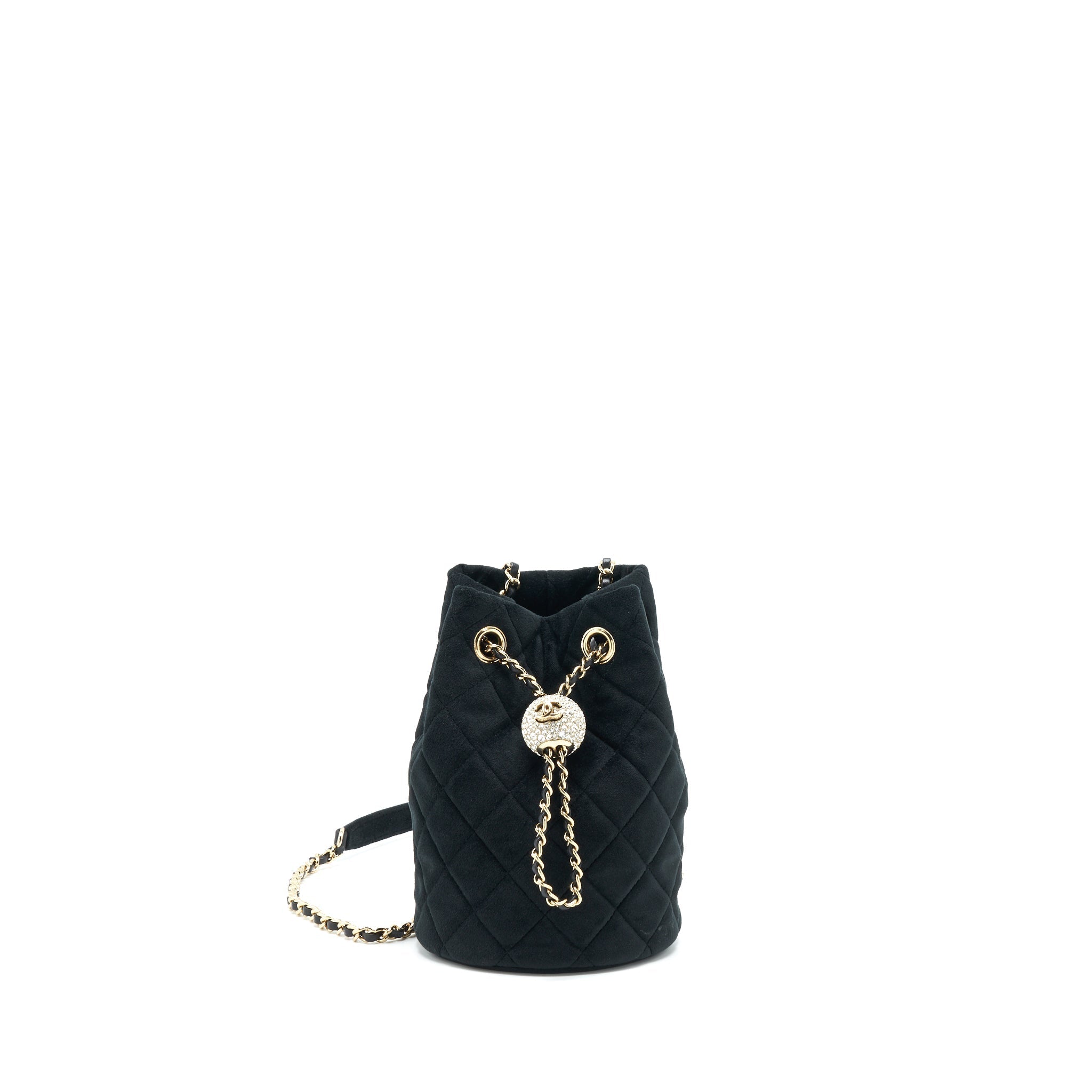 CHANEL PEARL CRUSH ON CHAIN MINI BUCKET VELVET BLACK LGHW
